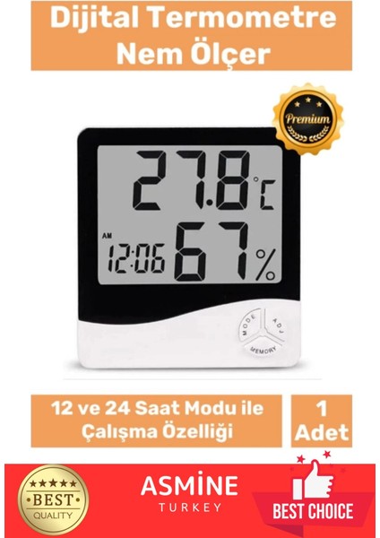 Beyaz Dijital Sıcaklık ve Nem Ölçer, Masa Saati, Alarm