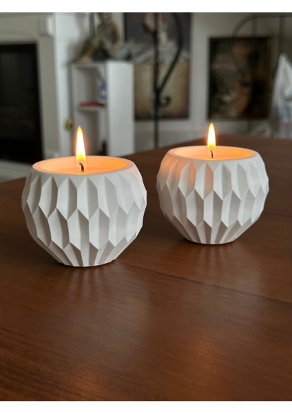 2'li Beyaz Beton Soya Parafin Mum, Asimetrik Geometrik Desenler