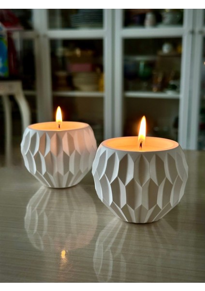2'li Beyaz Beton Soya Parafin Mum, Asimetrik Geometrik Desenler modelleri