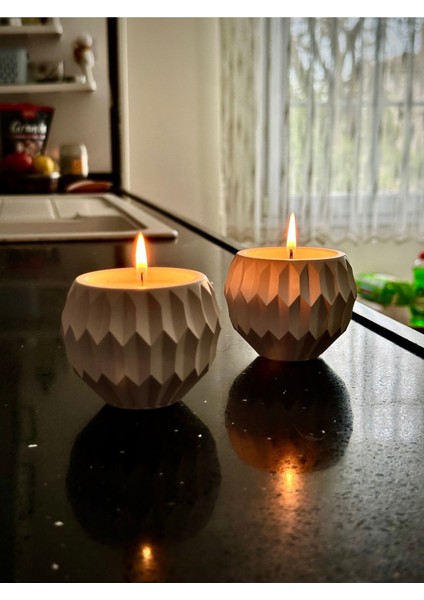 2'li Beyaz Beton Soya Parafin Mum, Asimetrik Geometrik Desenler