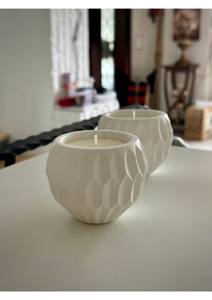 2'li Beyaz Beton Soya Parafin Mum, Asimetrik Geometrik Desenler
