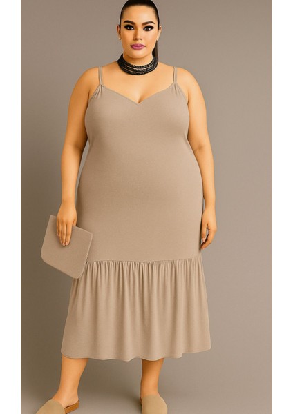 Büyük Beden Eteği Fırfırlı Modal Elbise