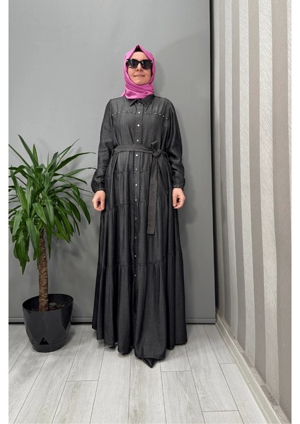 Çıtçıtlı Tensel Kot Elbise Gri 37842