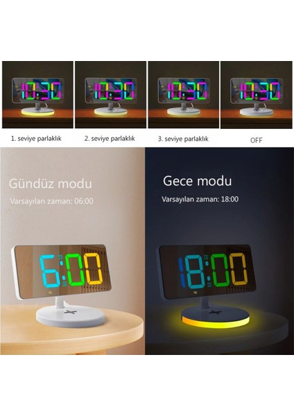 Renkli LED Dijital Saat, Kablosuz Şarj ve Rgb Aynalı Tasarım modelleri