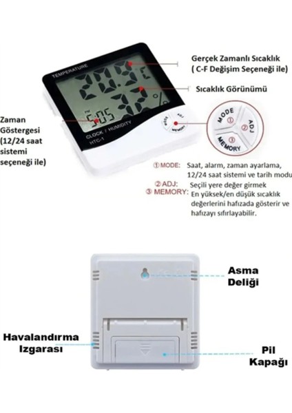 Dijital Termometre Nem Ölçer Duvar ve Masa Tipi, LCD Ekran, Beyaz indirimleri
