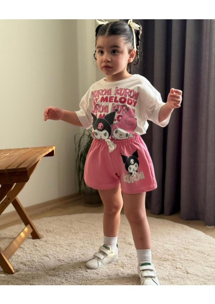Kız Çocuk Kuromi Baskılı Şortlu Pamuklu 2li Takım