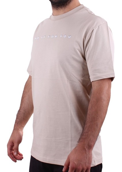 2323 Bej Günlük Pamuklu Baskılı Bisiklet Yaka Erkek Tişört modelleri