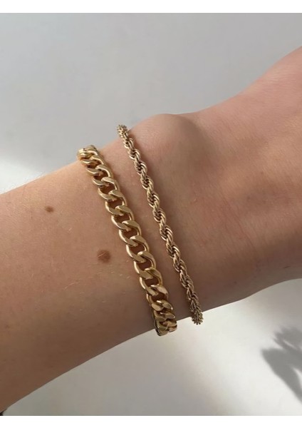 2'li 18 Ayar Altın Kaplama Minimal Gurmet Halat Burma Burgu Zincir Bileklik fiyatları