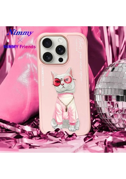 iPhone 16 Pro Uyumlu 3D Gözlük Zincir White Kedi Nakış İşlemeli Kabartmalı Cool Glasses Kılıf