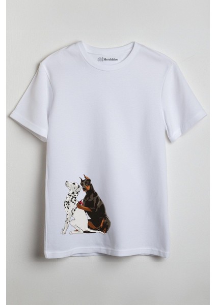 Dalmaçya Dövmeli Köpek Baskılı Unisex T-Shirt Beyaz