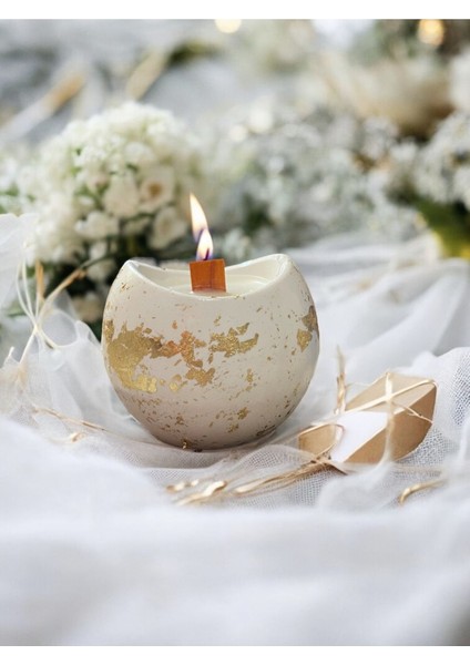 Şık Altın Yaldızlı Seramik Mum ve Kase Seti, Zarif Dekoratif Parça