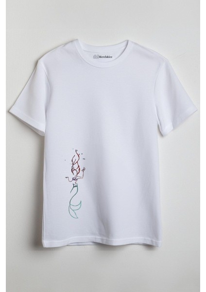 Çizgili Deniz Kızı Baskılı Unisex T-Shirt Beyaz