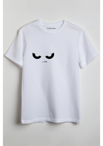 Sinirli Gözler Baskılı Unisex T-Shirt Beyaz