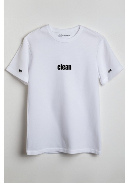 Clean Baskılı Unisex T-Shirt Beyaz