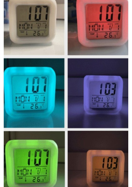 7 Renk Değişen LED Dijital Saat, Alarmlı, Termometre ve Tarih Fonksiyonlu Küp Tasarım