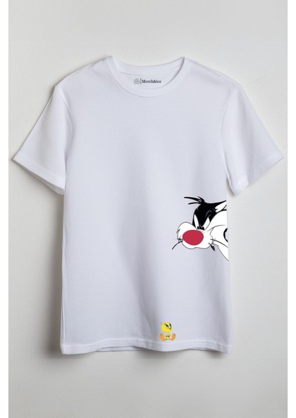 Tweety Sylvester Birlikte Baskılı Unisex T-Shirt Beyaz