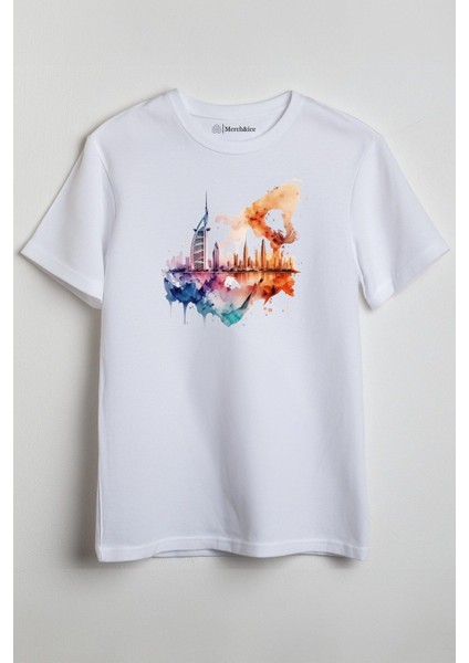 Renkli Dubai Baskılı Unisex T-Shirt Beyaz