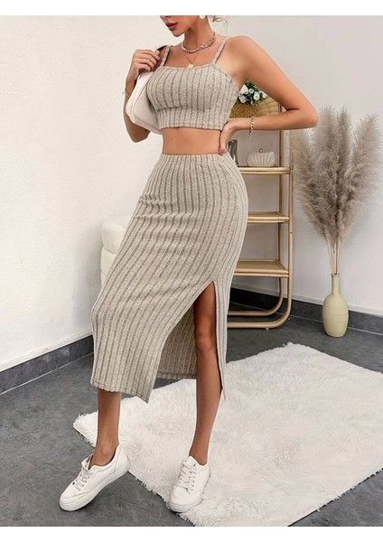 Kadın Kolsuz Askılı Crop Yırtmaçlı Midi Etek Fitilli Kaşkorse Takım