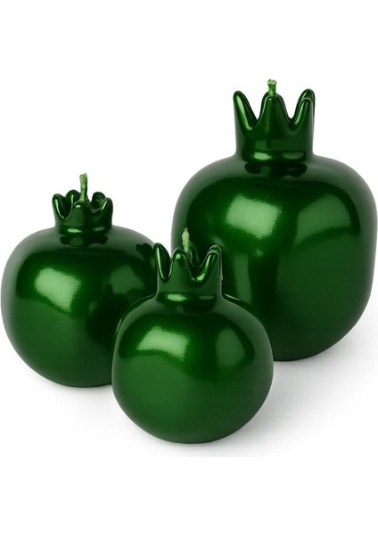 Metalik Yeşil Nar Mum Seti, Yılbaşı Dekorasyonu, 3'lü, 7-10 cm