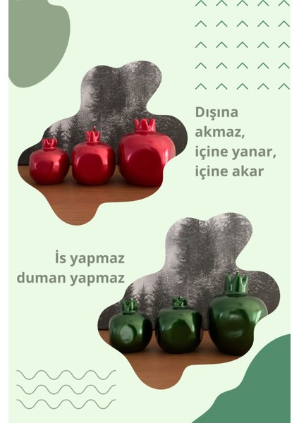 Metalik Yeşil Nar Mum Seti, Yılbaşı Dekorasyonu, 3'lü, 7-10 cm