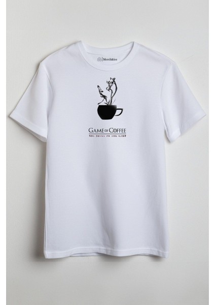 Game Of Coffee Baskılı Unisex T-Shirt Beyaz