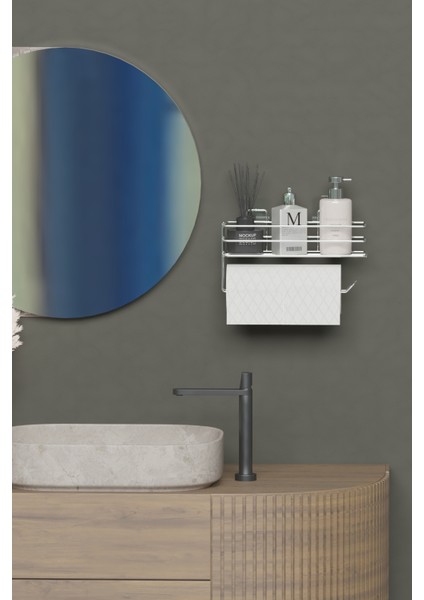 Yapışkanlı Raflı Rulo Havluluk Havlu Kağıtlık Banyo Mutfak Düzenleyici Raf Krom Gümüş