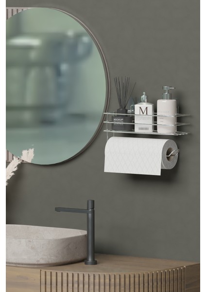 Yapışkanlı Raflı Rulo Havluluk Havlu Kağıtlık Banyo Mutfak Düzenleyici Raf Krom Gümüş