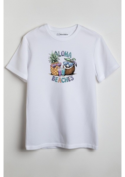 Aloha Beaches Baskılı Unisex T-Shirt Beyaz