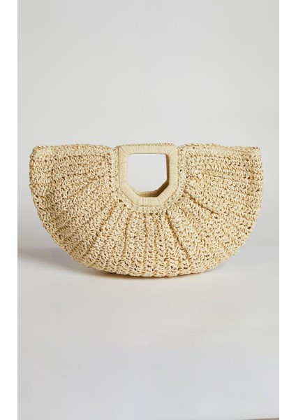 Bej Hasır El Örgüsü Kadın Oval El Çantası Şık ve Ergonomik Tasarım