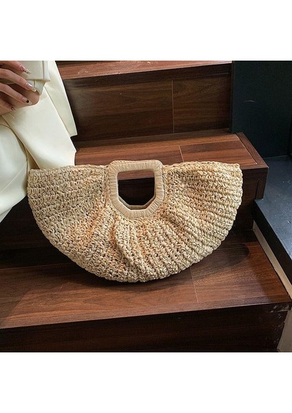 Bej Hasır El Örgüsü Kadın Oval El Çantası Şık ve Ergonomik Tasarım fiyatları
