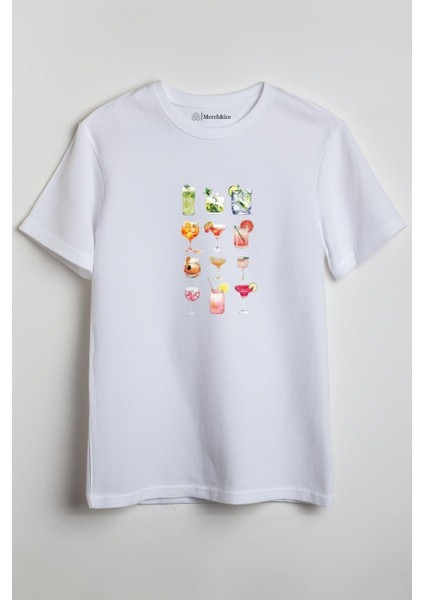 Yaz Kokteylleri Baskılı Unisex T-Shirt Beyaz