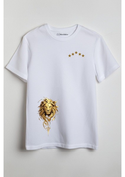 8 Yıldızlı Altın Arslan Baskılı Unisex T-Shirt Beyaz