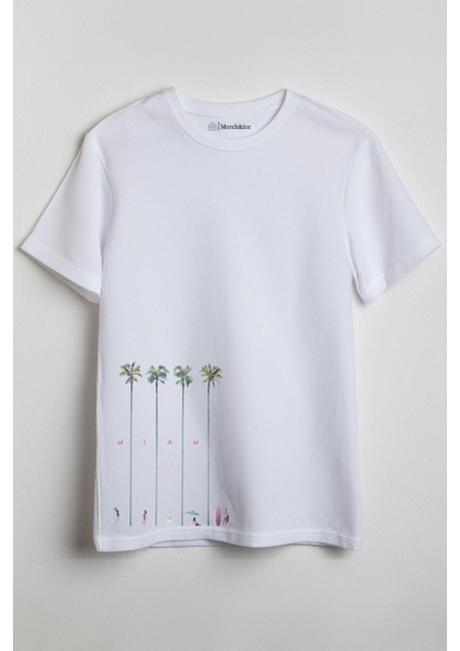 Miami Baskılı Unisex T-Shirt Beyaz