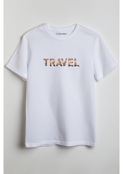 Travel Baskılı Unisex T-Shirt Beyaz
