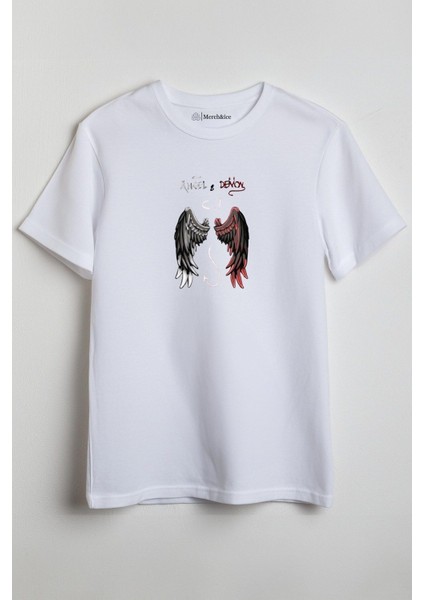 Angel Demon Together Baskılı Unisex T-Shirt Beyaz