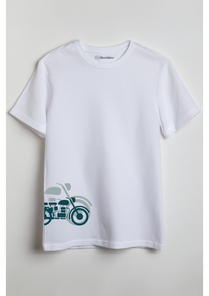 Motorlu Baskılı Unisex T-Shirt Beyaz