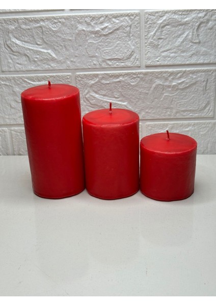 Kırmızı Silindir Mum Seti 3'lü, Yılbaşı Temalı, Farklı Boylar 6.9.12 cm
