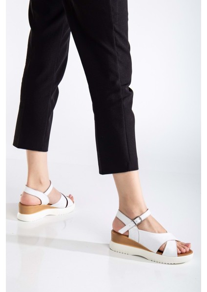 Kadın Hakiki Deri Bilekten Bağlı Yüksek Taban Sandalet - Beyaz fiyatları