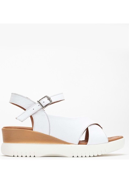 Kadın Hakiki Deri Bilekten Bağlı Yüksek Taban Sandalet - Beyaz modelleri