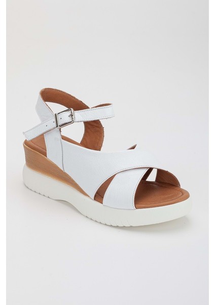 Kadın Hakiki Deri Bilekten Bağlı Yüksek Taban Sandalet - Beyaz fırsatları