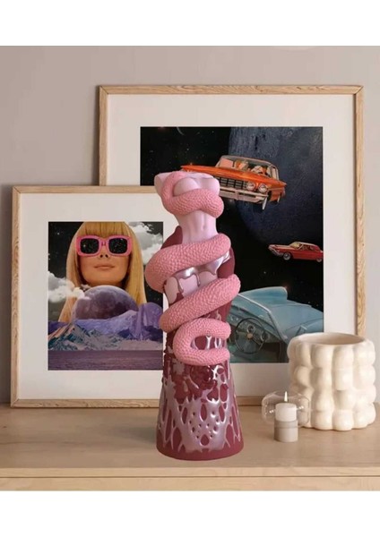 Pembe Yılanlı Başsız Nü Kadın Vücut Heykel Dekoratif Doğal Soya Mum 15 cm