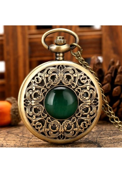 Lüx Zümrüt Renk Taşlı İşlemeli Köstekli Cep Saati