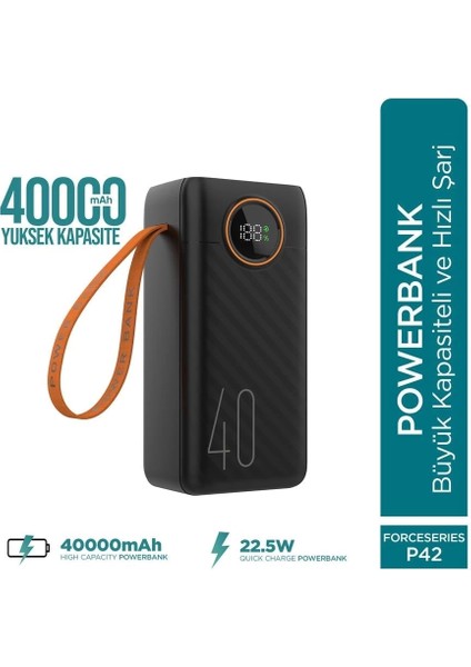Force P42 40000MAH 22.5W Hızlı Şarj Cihazı - Dahili Kablolu - Fast Powerbank - Dijital Ekran - Taşınabilir Şarj Cihazı