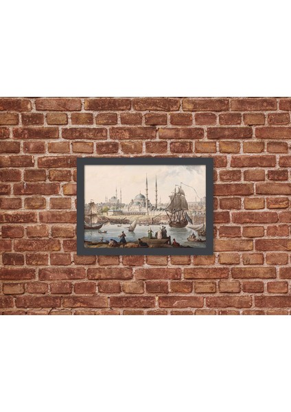 Ahşap Kendinden Çerçeveli Tablo - Vintage Yeni Camii ve Istanbul Limanı, Standart - 20X28CM