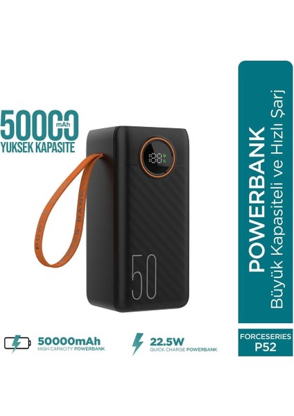 Force P52 50000MAH 22.5W Hızlı Şarj Cihazı - Dahili Kablolu - Fast Powerbank - Dijital Ekran - Taşınabilir Şarj Cihazı