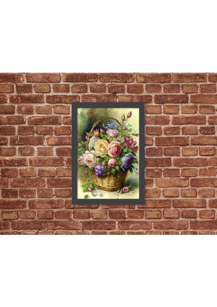 Ahşap Kendinden Çerçeveli Tablo - Vintage Sepette Güller - 2, Standart - 20X28CM