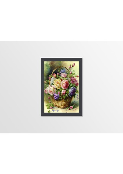 Ahşap Kendinden Çerçeveli Tablo - Vintage Sepette Güller - 2, Standart - 20X28CM