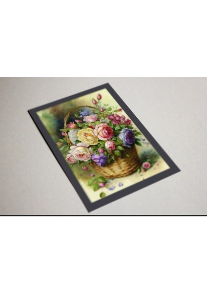 Ahşap Kendinden Çerçeveli Tablo - Vintage Sepette Güller - 2, Standart - 20X28CM