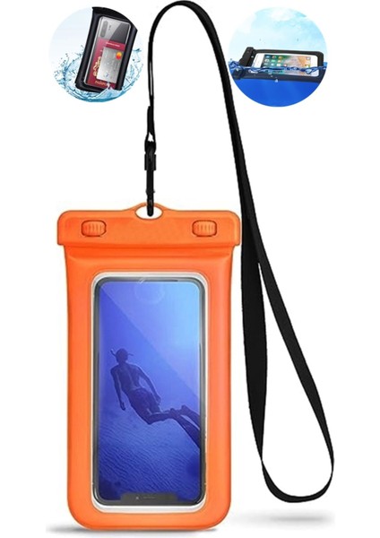 Turuncu Su Geçirmez, Balonlu, Batmaz Telefon Kılıfı, Su Altı Koruyucu