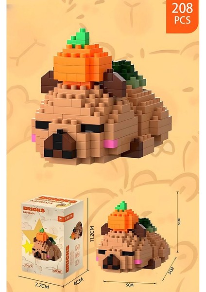 Capybara Bricks Yapı Oyuncak Seti 208 Parça – Balkabağı Şapkalı Yatan Figür Modeli Kapibara